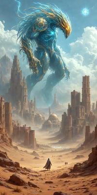 Primary subject: A giant blue and gold creature with long hair and horns, standing in a desert landscape.

Setting/background: The creature is standing in a desert landscape with a rocky terrain and a sky background.

Visual style: The image is a digital art illustration.

Colors and mood: The colors are predominantly blue and gold, with a warm and dramatic atmosphere.